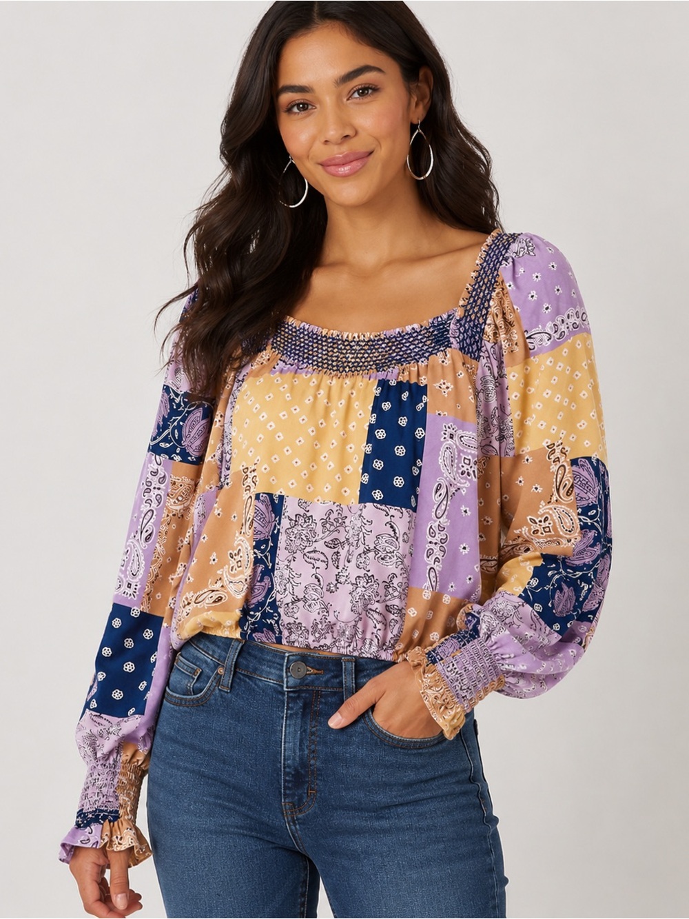 Boho Patchwork Smocked Peasant Top - Lavender Multi Wrangler Retro Large